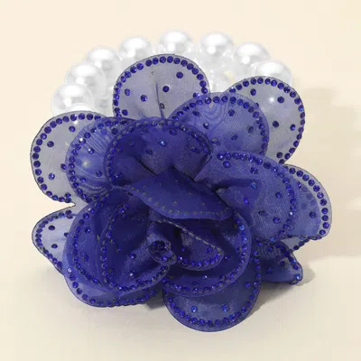 Fashnzfab Bling Studded Fabric Flower Statement Faux Pearl Beaded Stretch Bracelet Royal Blue, White