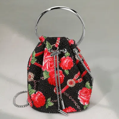 Fashnzfab Bling Studded Floral Pattern Bucket Bag / Handbag / Crossbody Bag In Black