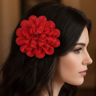 Fashnzfab Bling Studded Flower Brooch Hair Clip In Red