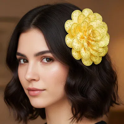 Fashnzfab Bling Studded Flower Brooch Hair Clip In Yellow