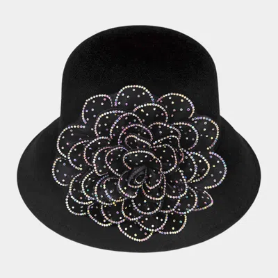 Fashnzfab Bling Studded Flower Felt Wedding Jazz Church Bucket Hat In Black