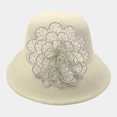 Fashnzfab Bling Studded Flower Felt Wedding Jazz Church Bucket Hat In White