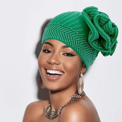 Fashnzfab Bling Studded Flower Pointed Turban Hat In Green