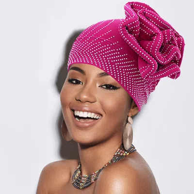 Fashnzfab Bling Studded Flower Pointed Turban Hat In Pink