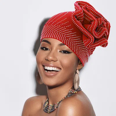 Fashnzfab Bling Studded Flower Pointed Turban Hat In Red