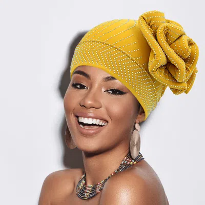 Fashnzfab Bling Studded Flower Pointed Turban Hat In Yellow