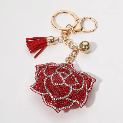 Fashnzfab Bling Studded Flower Tassel Keychain In Red