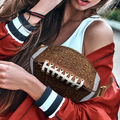 Fashnzfab Bling Studded Game Day Football Shape Fanny Pack / Sling Bag In Brown