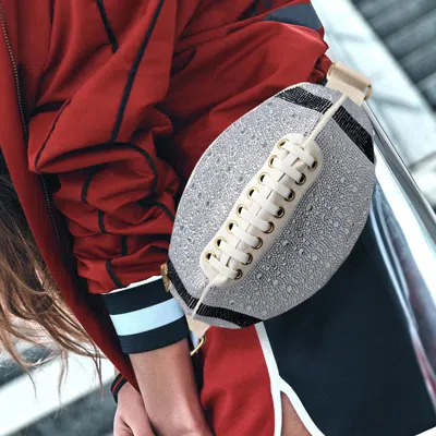 Fashnzfab Bling Studded Game Day Football Shape Fanny Pack / Sling Bag In White