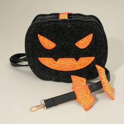 Fashnzfab Bling Studded Halloween Pumpkin Face Bat Strap Crossbody Bag In Black