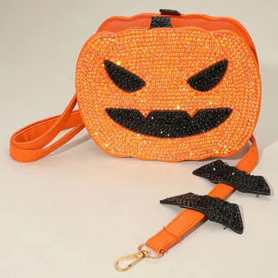 Fashnzfab Bling Studded Halloween Pumpkin Face Bat Strap Crossbody Bag In Orange