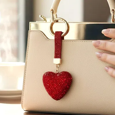 Fashnzfab Bling Studded Heart Bag Charm Keychain In Red