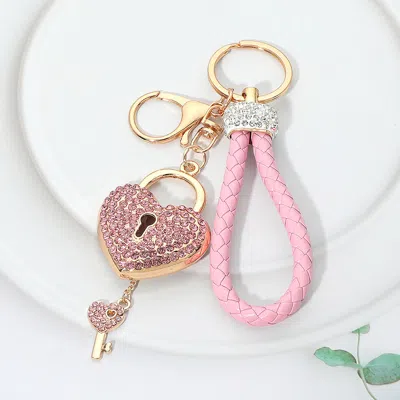 Fashnzfab Bling Studded Heart Padlock Key Knot Wristlet Keychain Bag Charm In Pink