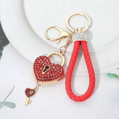 Fashnzfab Bling Studded Heart Padlock Key Knot Wristlet Keychain Bag Charm In Red