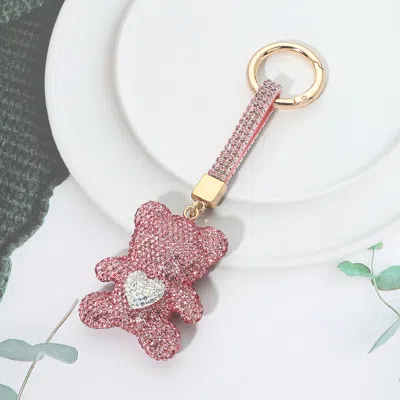 Fashnzfab Bling Studded Heart Teddy Bear Keychain Bag Charm In Pink