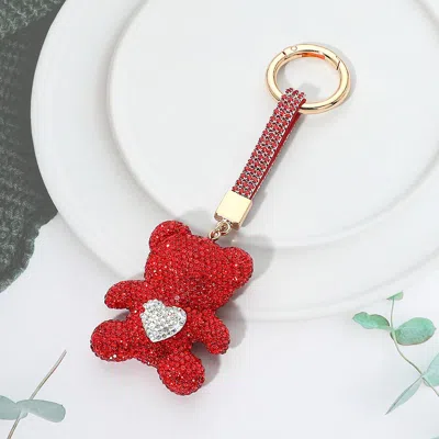 Fashnzfab Bling Studded Heart Teddy Bear Keychain Bag Charm In Red