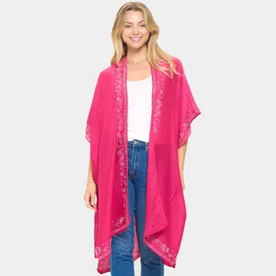 Fashnzfab Bling Studded Leaves Pattern Pointed Kimono Poncho In Pink