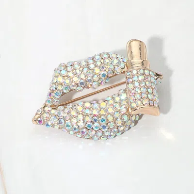 Fashnzfab Bling Studded Lip And Lipstick Pin Brooch In Gold