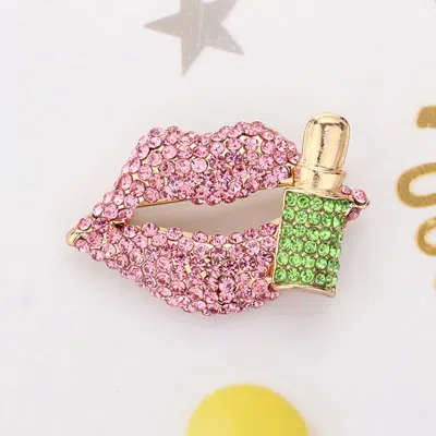 Fashnzfab Bling Studded Lip And Lipstick Pin Brooch In Pink