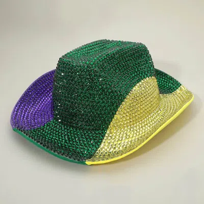 Fashnzfab Bling Studded Mardi Gras Cowboy Fedora Hat In Green