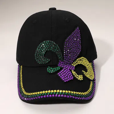 Fashnzfab Bling Studded Mardi Gras Fleur De Lis Baseball Cap In Black