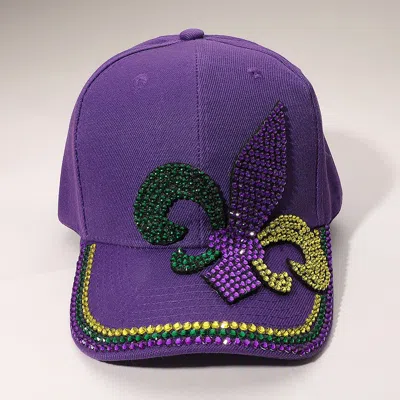 Fashnzfab Bling Studded Mardi Gras Fleur De Lis Baseball Cap In Purple