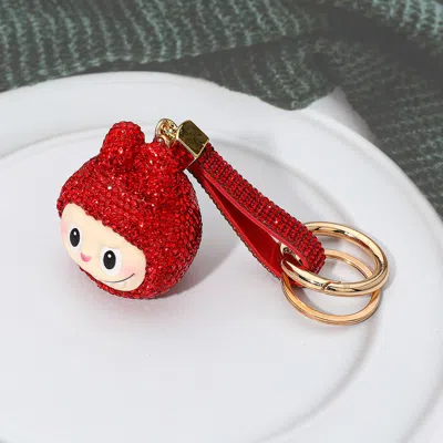 Fashnzfab Bling Studded Monster Bunny Face Keychain Bag Charm In Red