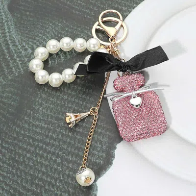 Fashnzfab Bling Studded Perfume Bottle Bow Pearl Wristlet Keychain Bag Charm In Pink
