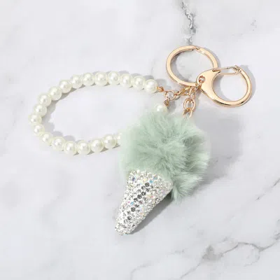 Fashnzfab Bling Studded Pom Pom Ice Cream Cone Pearl Wristlet Keychain / Bag Charm In Green