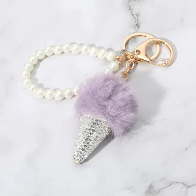 Fashnzfab Bling Studded Pom Pom Ice Cream Cone Pearl Wristlet Keychain / Bag Charm In Purple