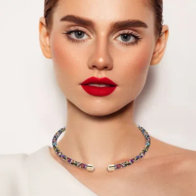 Fashnzfab Bling Studded Rhinestone Tip Open Choker Necklace In Red