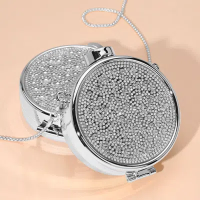 Fashnzfab Bling Studded Round Compact Clutch Evening Bag / Crossbody Bag In Silver