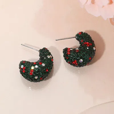 Fashnzfab Bling Studded Small Chunky Teardrop Holiday Hoop Earrings In Green