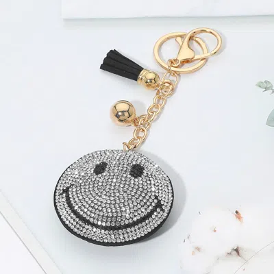 Fashnzfab Bling Studded Smile Face Tassel Keychain Bag Charm In Silver