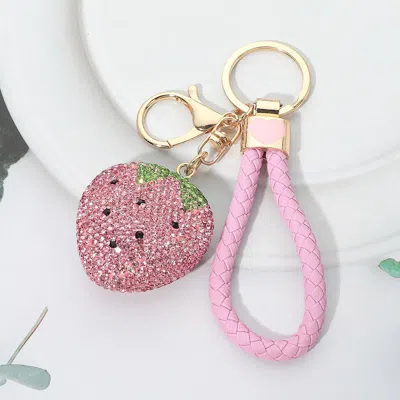 Fashnzfab Bling Studded Strawberry Keychain Bag Charm In Pink