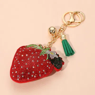 Fashnzfab Bling Studded Strawberry Keychain / Bag Charm In Red