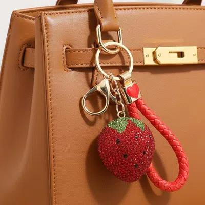 Fashnzfab Bling Studded Strawberry Keychain Bag Charm In Red