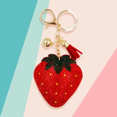 Fashnzfab Bling Studded Strawberry Tassel Keychain In Red