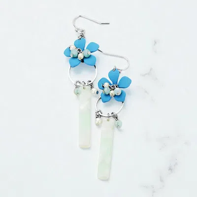 Fashnzfab Bloom Flower Celluloid Acetate Rectangle Dangle Earrings - Light Blue, Rhodium In Multi