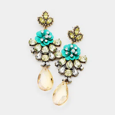 Fashnzfab Bloom Flower Centered Crystal Teardrop Dangle Earrings - Antique Gold, Green