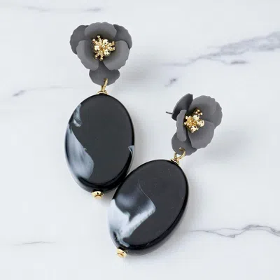 Fashnzfab Bloom Flower Marbled Oval Link Dangle Earrings In Black