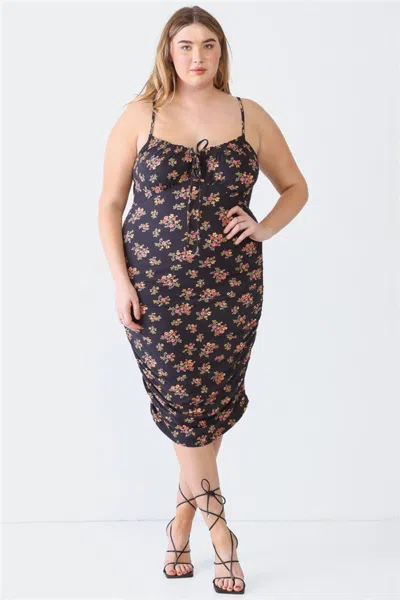 Fashnzfab Blue Leopard Plus Size Ruched Floral Square Neck Cami Dress In Black