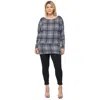 Fashnzfab Boat Neck, Plaid Print Tunic Top, With Long Dolman Sleeves In Grey