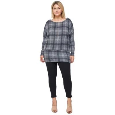 Fashnzfab Boat Neck, Plaid Print Tunic Top, With Long Dolman Sleeves In Grey