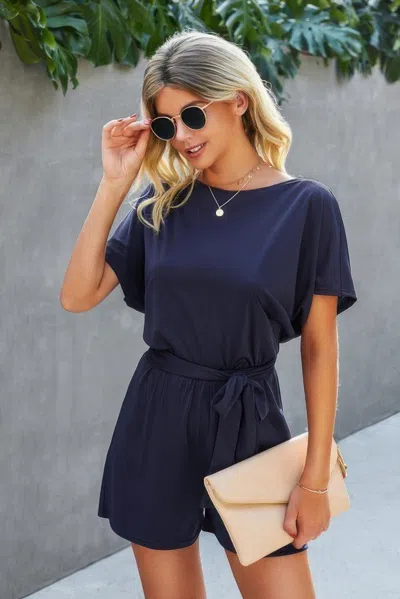 Fashnzfab Boat Neck Short Sleeve Waist Tie Loose Romper