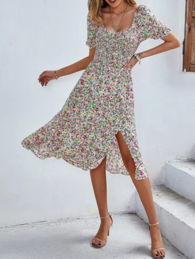 Fashnzfab Bohemia Floral Puff Sleeve Flounce Sleeve Dress In Sand