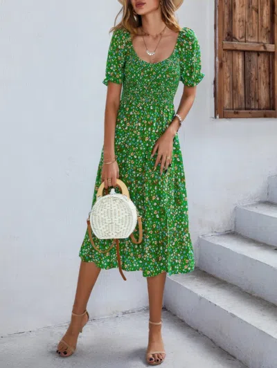 Fashnzfab Bohemia Floral Puff Sleeve Flounce Sleeve Dress In Green