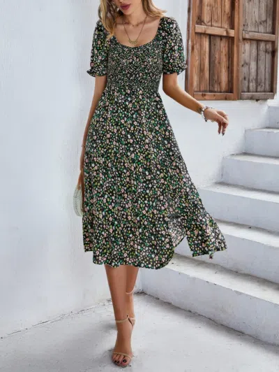 Fashnzfab Bohemia Floral Puff Sleeve Flounce Sleeve Dress In Black