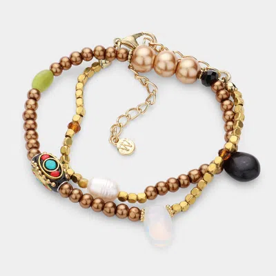Fashnzfab Bohemian Bead Pearl Stretchable Bracelet Necklace Brown