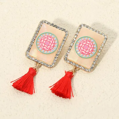 Fashnzfab Bohemian Inspired Frame Tassel Drop Earrings 0.8" X 2.2" In Red